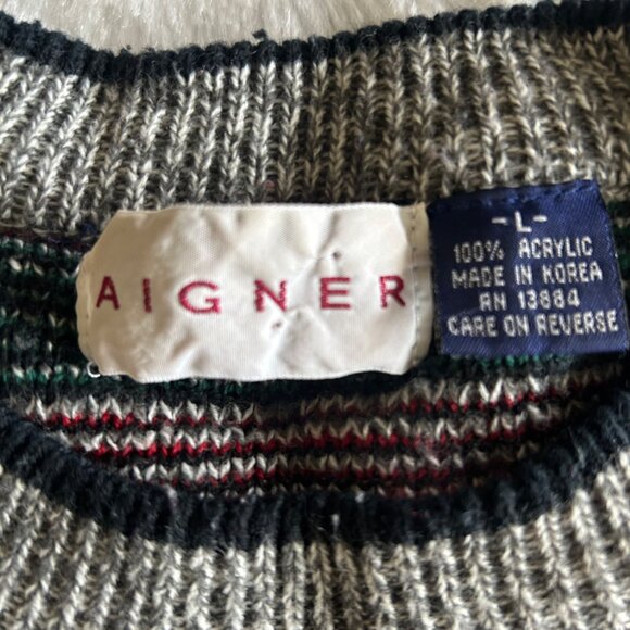Vintage 90s Men's AIGNER Geometric Pattern Knit Sweater L Crewneck Grandpa - Picture 2 of 4